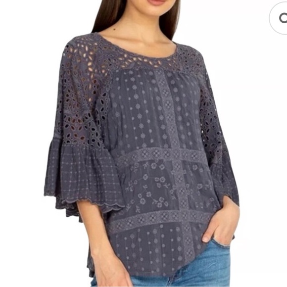 Johnny Was Charcoal Embroidered Eyelet Blouse - Picture 1 of 7